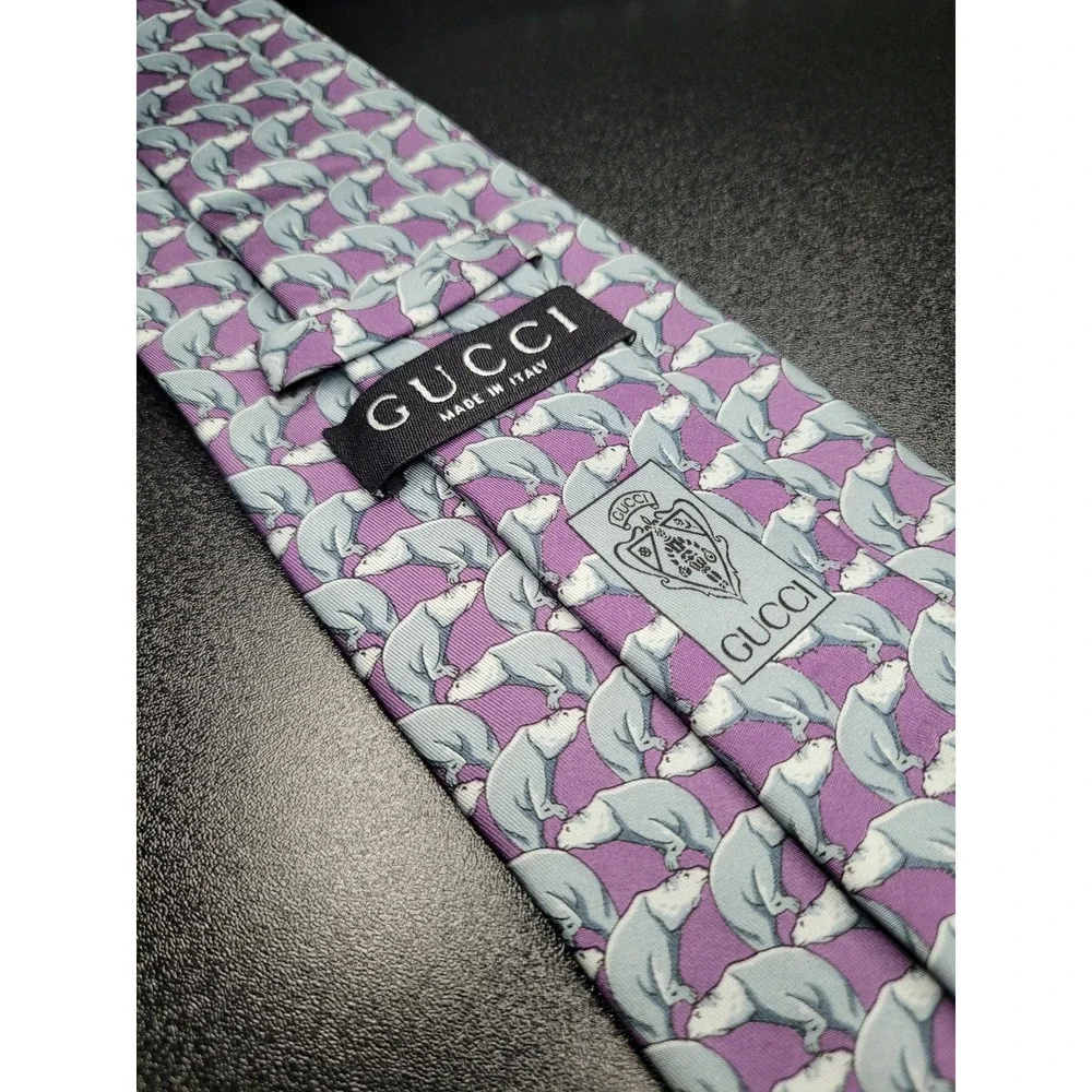 Gucci Men's Necktie Purple Polar Bear Animal Print Silk 3.75